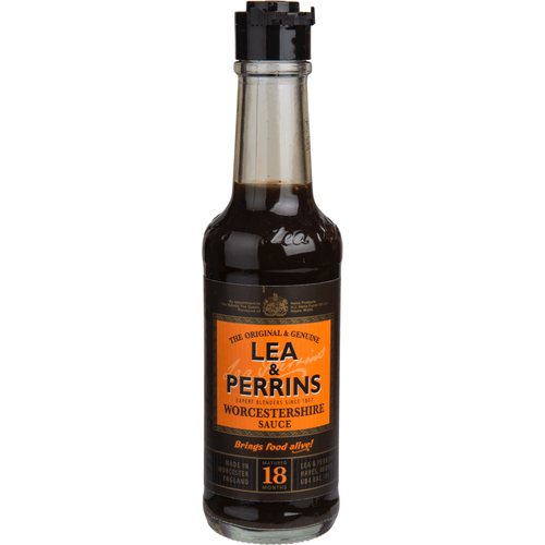 Foto van Lea & Perrins Worcestershiresauce op witte achtergrond