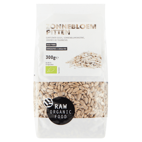 Foto van RAW Organic Food Zonnebloempitten biologisch op witte achtergrond