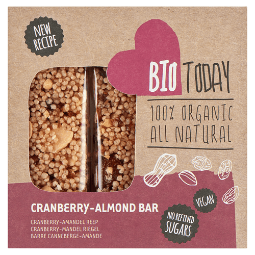 Foto van BioToday Cranberry-almond bar op witte achtergrond