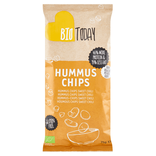 Foto van BioToday Hummus chips sweet chili op witte achtergrond
