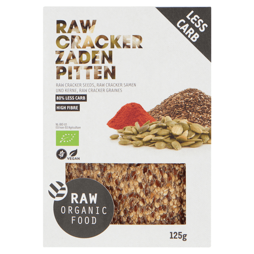 Foto van RAW Organic Food Crackers zaden pitten op witte achtergrond