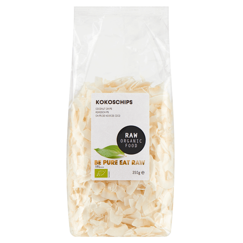 Foto van RAW Organic Food Kokoschips op witte achtergrond