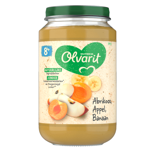 Foto van Olvarit 8+ Maanden Abrikoos Appel Banaan op witte achtergrond