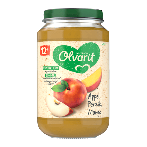 Foto van Olvarit 12+ Maanden Appel Perzik Mango op witte achtergrond