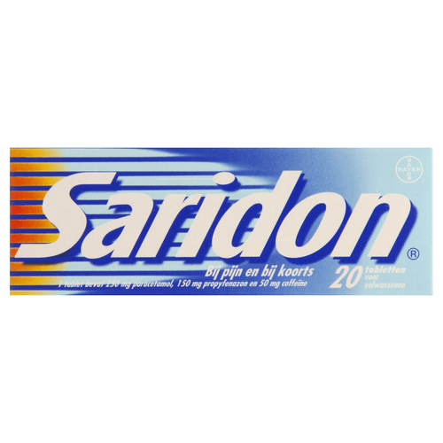Foto van Saridon Tabletten op witte achtergrond