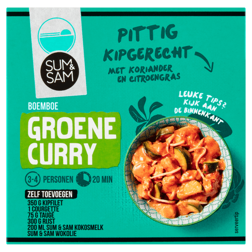 Foto van Sum & Sam Boemboe groene curry op witte achtergrond