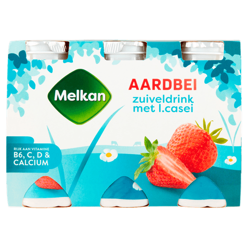 Foto van Melkan Zuiveldrink aardbei op witte achtergrond