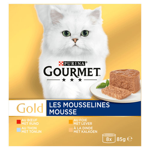 Foto van Gourmet Gold mousse tonijn-lever-kalkoen-rund 8 stuks op witte achtergrond