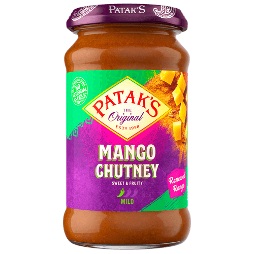 Foto van Patak's Mangochutney sweet op witte achtergrond