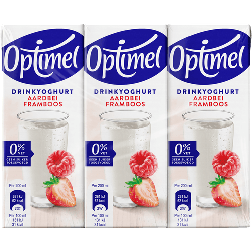 Foto van Optimel Drinkyoghurt aardbei framboos op witte achtergrond
