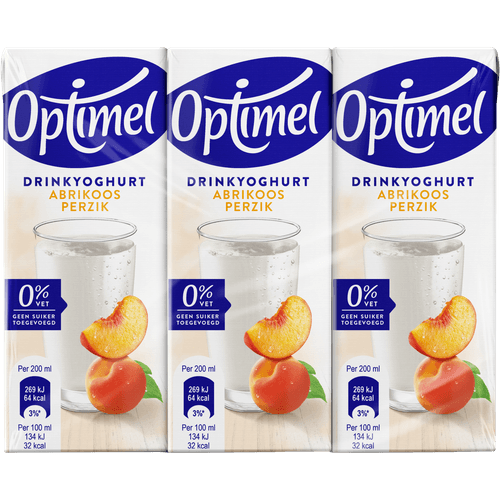 Foto van Optimel Langlekker drinkyoghurt perzik abrikoos op witte achtergrond