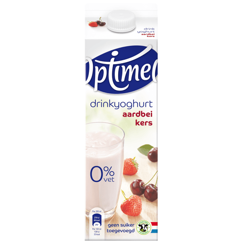Foto van Optimel Drink aardbei-kers 0% vet op witte achtergrond