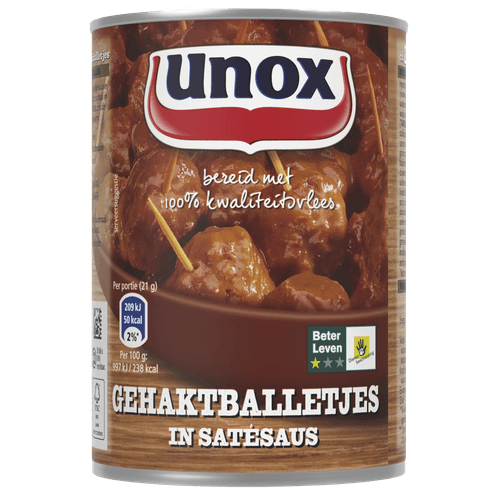 Foto van Unox Gehaktballetjes in satesaus op witte achtergrond