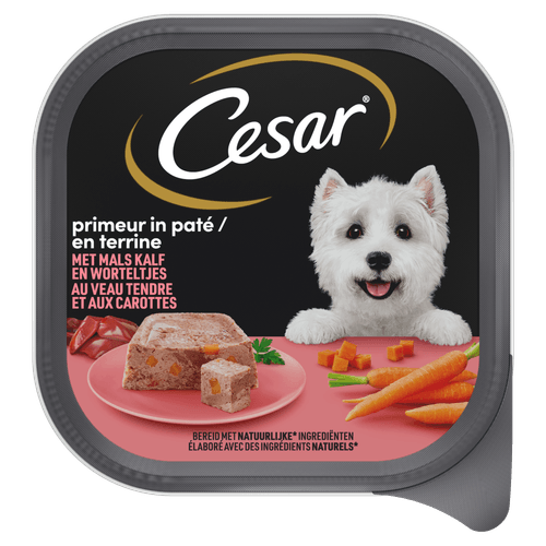 Foto van Cesar Hondenvoer alu kalf & worteltjes op witte achtergrond